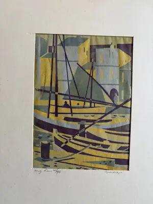 Geert Geerligs - linosnede: bootjes in de haven kopen? Bied vanaf 35!