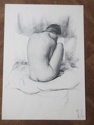 Niet of onleesbaar gesigneerd - Zittend Naakt - Monogram M.E. - Litho kopen? Bied vanaf 1!