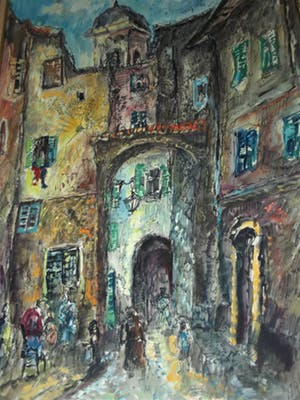 Jan Makkes - Gemengde techniek , GROOT , Stadspoort – ingelijst – 1977 kopen? Bied vanaf 1!