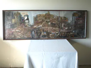 AcheterNiet of onleesbaar gesigneerd - Grote, ingelijste collage + verf , Vredesdemonstratie 1981 – 64 x 185 cm? Enchérissez de 1!