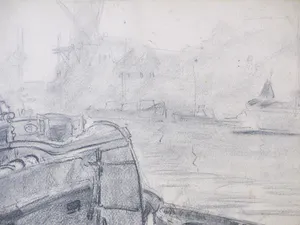 Willem van Dort - Schip aan de kade - Tekening kopen? Bied vanaf 1!