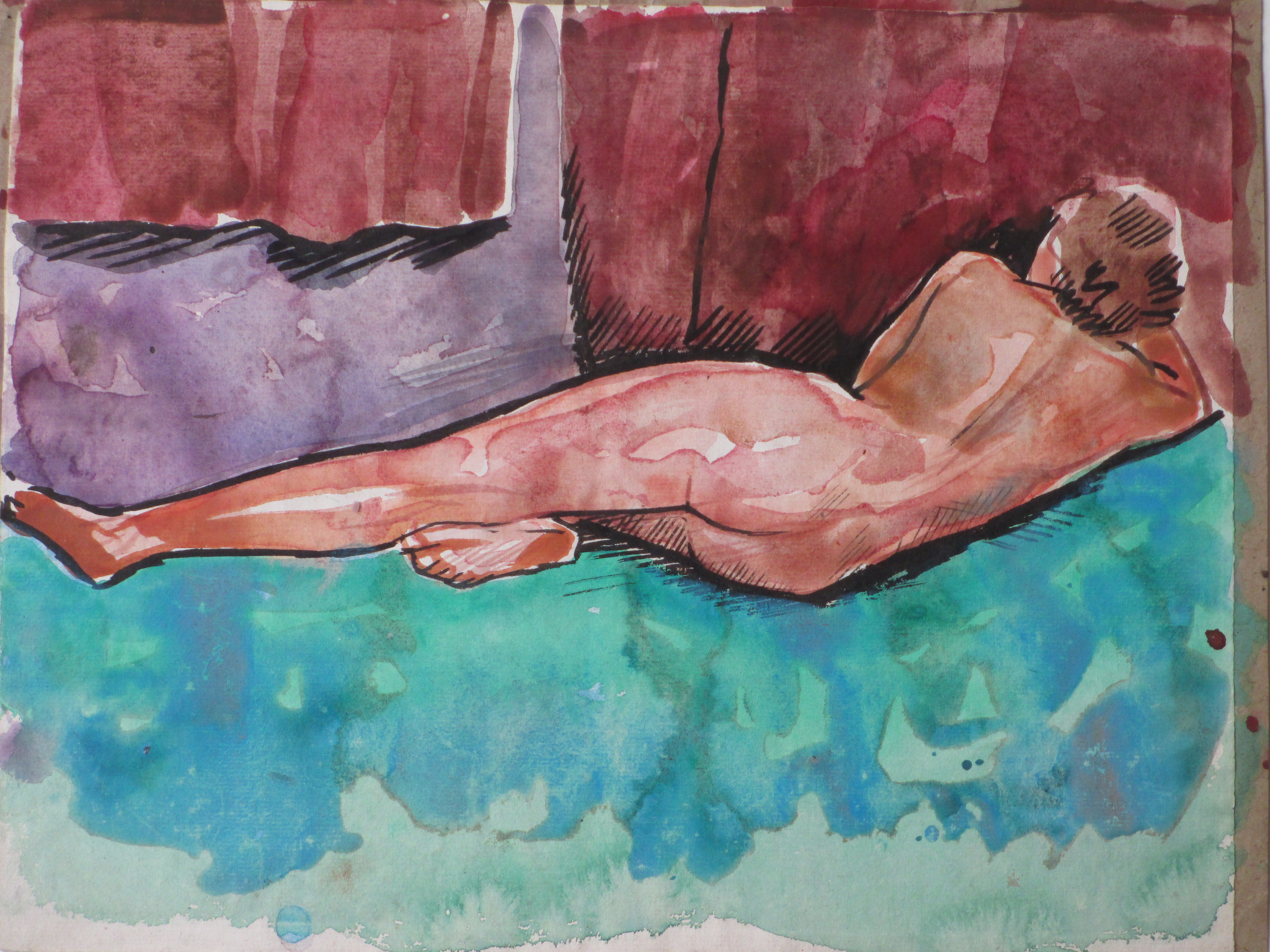 Herman Bieling - Liggend Naakt achter het gordijn - Aquarel verkocht voor € 60!