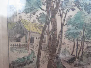 Niet of onleesbaar gesigneerd - Hand ingekleurde ets van een dorpsgemeenschap. kopen? Bied vanaf 1!