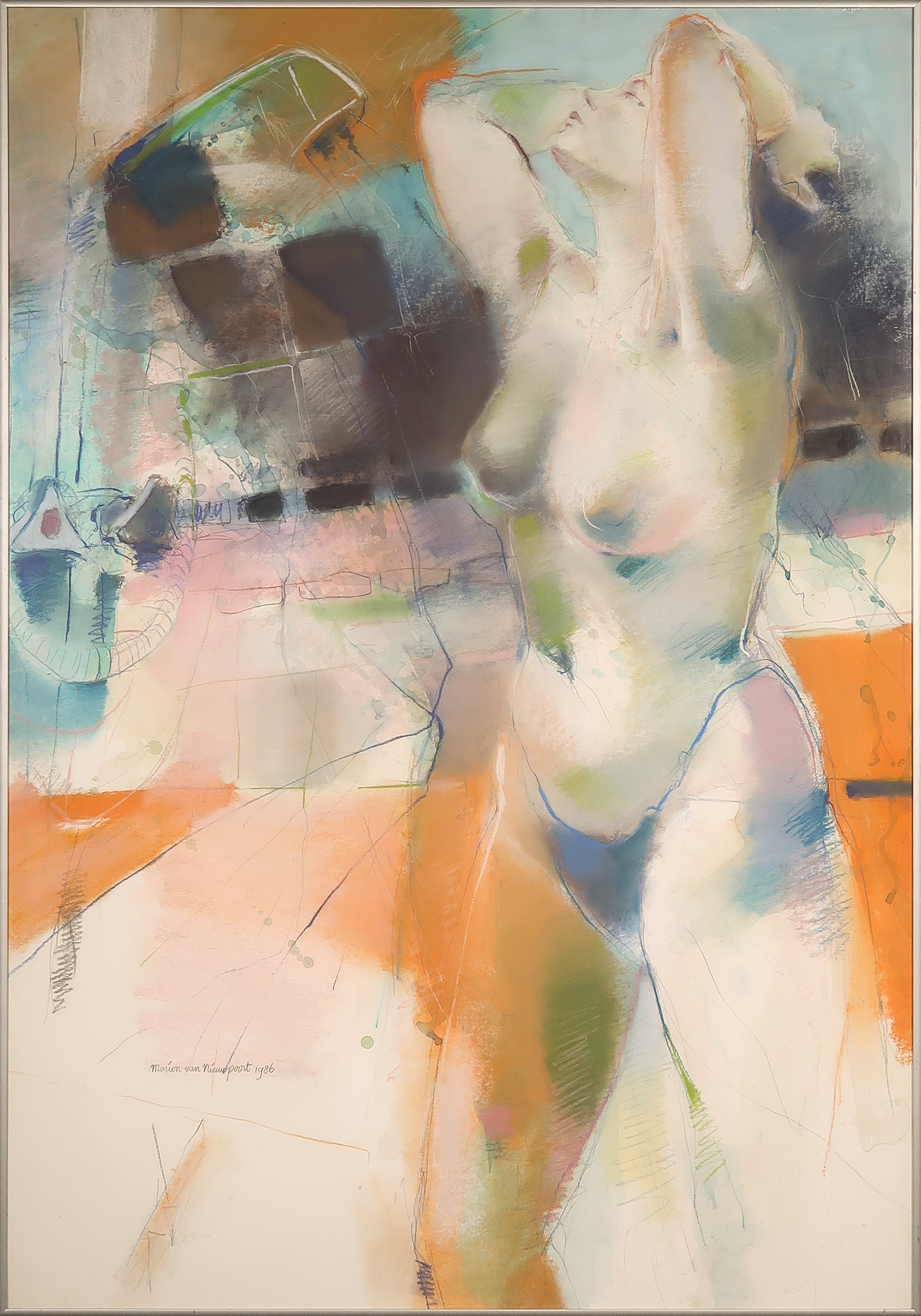 Marion van Nieuwpoort - Aquarel en krijt op papier, Zonder titel - Ingelijst verkocht voor € 1!