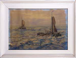 Cornelis de Bruin - Aquarel, Zeegezicht met botters - Ingelijst verkocht voor € 1!