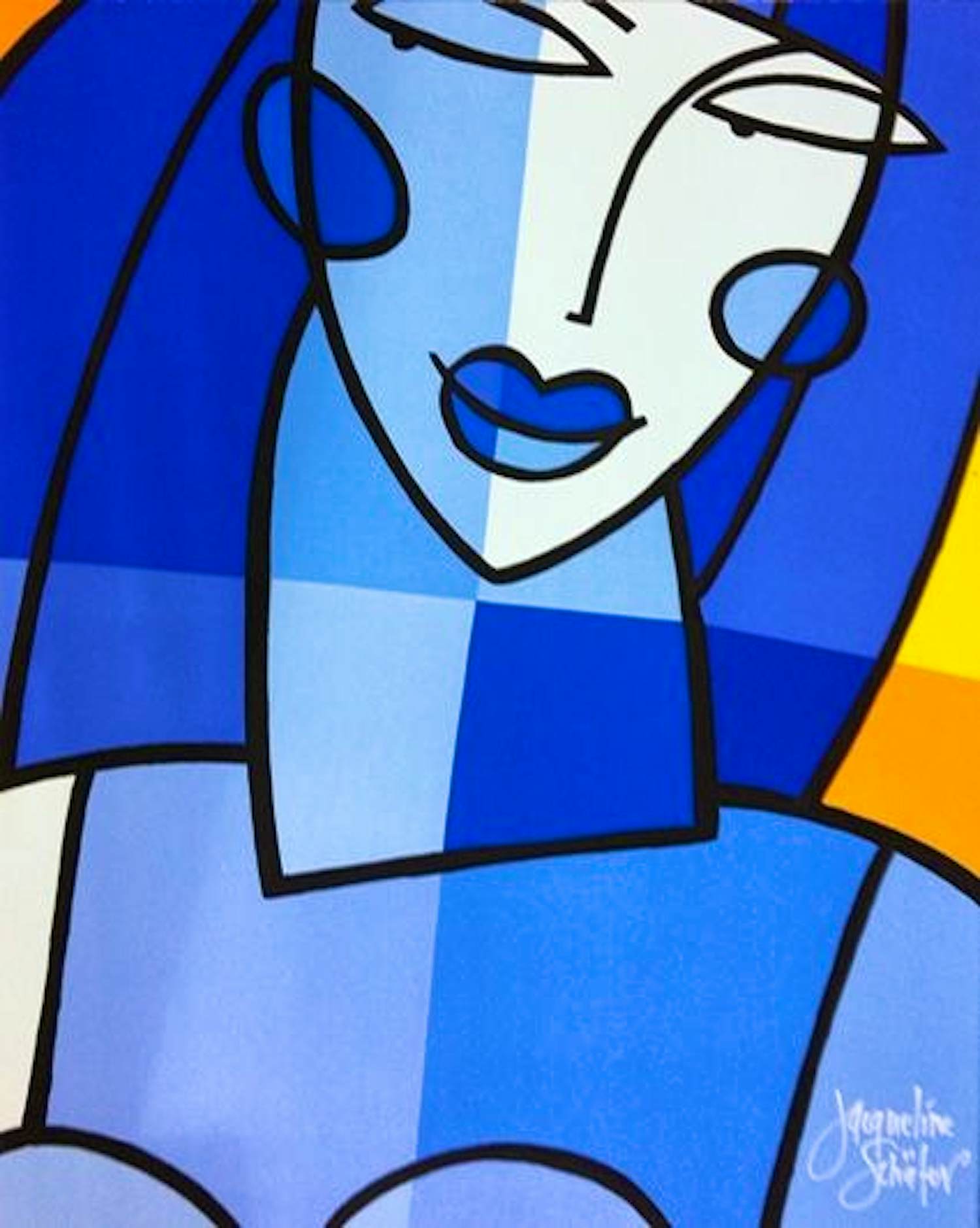 Jacqueline Schäfer - Kleurenzeefdruk VROUW in BLAUW Handgesign. kopen? Bied vanaf 49!