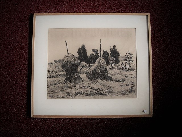 Wil van Dinther - Sterk impressionistisch Houtskool "Brabants landschap met hooimijten" gesigneerd kopen? Bied vanaf 1!