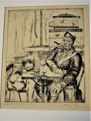 Jeanne Bieruma Oosting - ORIGINELE 1940 (Epr. d'Art.) ETS "soldaat in cafe" - potloodgesigneerd - kopen? Bied vanaf 168!