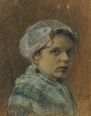 Johannes Cornelis Pabst - Potlood- en pastelkrijttekening, Vrouw in Scheveningse klederdracht - Ingelijst kopen? Bied vanaf 250!