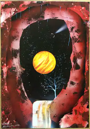 Niet of onleesbaar gesigneerd - surrealistisch landschap | spray paint art verkocht voor € 1!