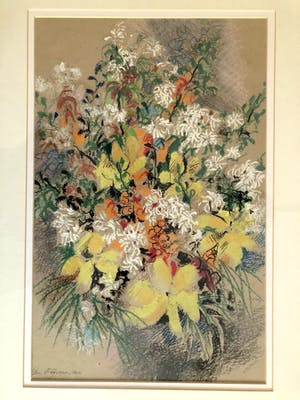 Hen Euverman - Stilleven fleurig boeket - Krijttekening, Ingelijst kopen? Bied vanaf 85!