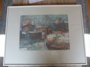 Jan Velthuis - Kleurenhoutsnede – Havengezicht - Ingelijst - 66 x 51 cm kopen? Bied vanaf 35!