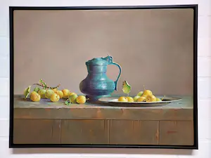 Hans Habraken - Stilleven met blauwe kan en gele pruimen kopen? Bied vanaf 795!