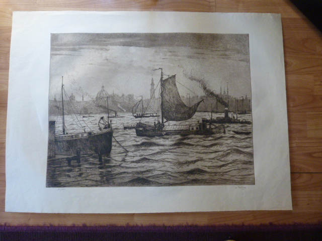 Jan Poortenaar - Boten in een haven bij een stad, verkocht voor € 40!