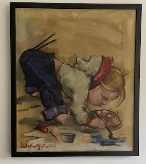 Niet of onleesbaar gesigneerd - Naief schilderijtje van een spelend kind kopen? Bied vanaf 1!