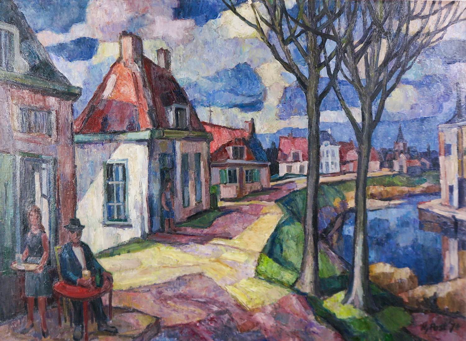 Harmen Klaas Post - Olieverf op paneel, Dorpsgezicht langs gracht - Ingelijst kopen? Bied vanaf 150!