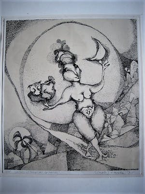 Renate Carelse - Surrealistisch Schilder en beeldhouwer - Ets - "Saturnia's terugkeer op aarde kopen? Bied vanaf 10!