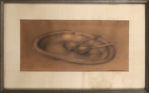 Jan Pennings - Potlood op papier, Stilleven met bord en lepels - Ingelijst kopen? Bied vanaf 40!