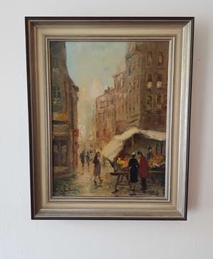 Niet of onleesbaar gesigneerd - Mooi Frans aangezicht van een markt in Parijs. Handgesigneerd. kopen? Bied vanaf 10!