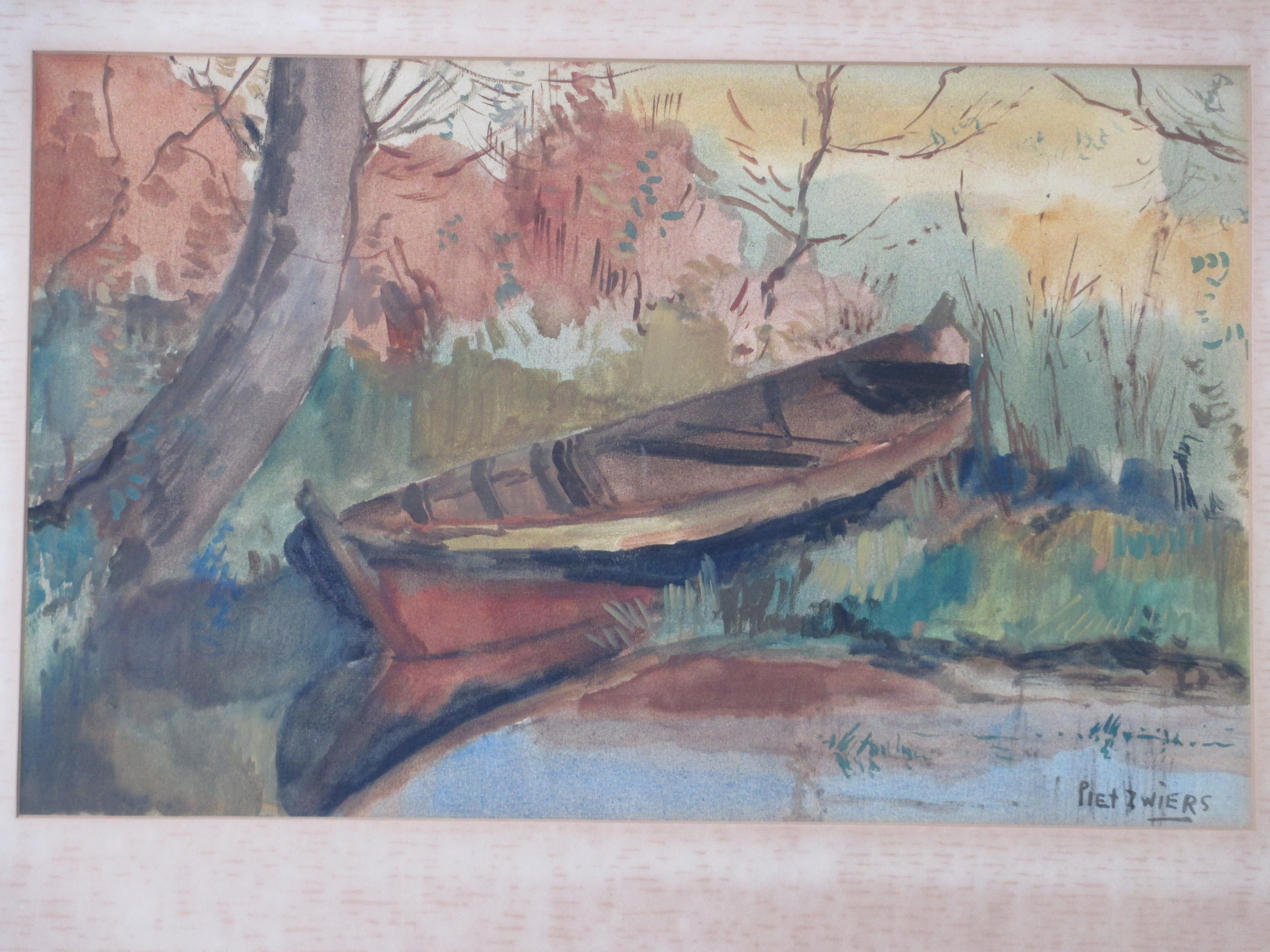 Piet Zwiers - Roeiboot aan slootkant - Gemengde techniek kopen? Bied vanaf 75!