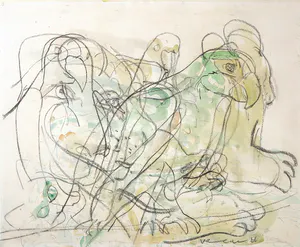 Anton Vrede - Krijt en aquarel op papier, Cat and Birds kopen? Bied vanaf 1!