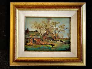 Niet of onleesbaar gesigneerd - Charmant impressionistisch olieverf(je) "Boerderij en kippen" monogram HP verkocht voor € 10!