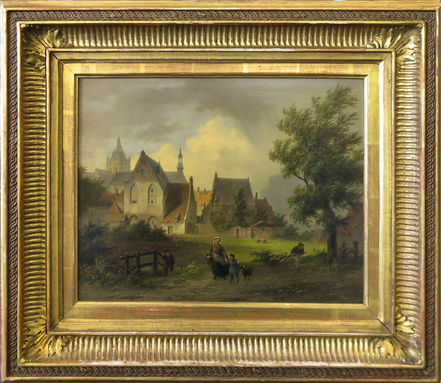 Bartholomeus Johannes van Hove - Olieverf op paneel, Figuren tegen achtergrond van de stad Den Bosch - Ingelijst kopen? Bied vanaf 1500!