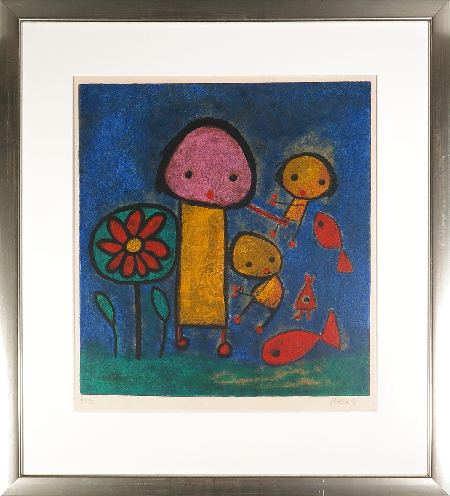 Giovanni Vetere - Zeefdruk, Figuren bij vissen en bloem - Ingelijst verkocht voor € 50!