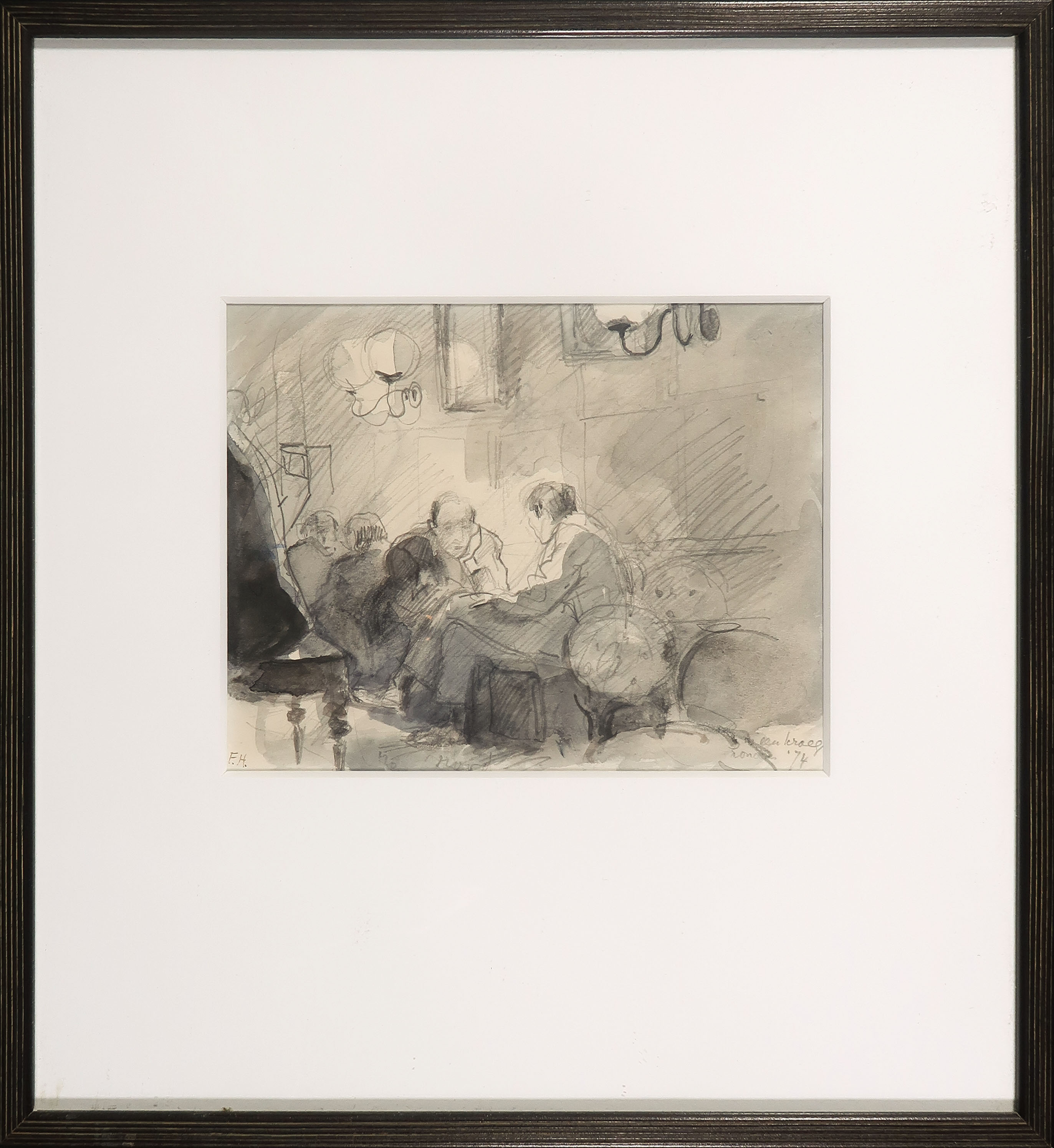 Frida Holleman - Aquarel en potlood, In een kroeg London - Ingelijst verkocht voor € 100!