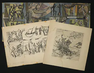 AcheterGerard Princee - Twee ontwerptekeningen (pen, gouache) + Toon Ninaber van Eyben, Ets, meeuwennest? Enchérissez de 40!