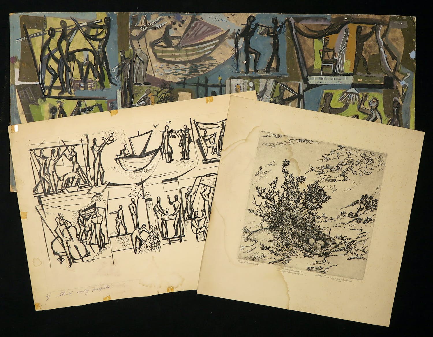 Gerard Princee - Twee ontwerptekeningen (pen, gouache) + Toon Ninaber van Eyben, Ets, meeuwennest kopen? Bied vanaf 40!