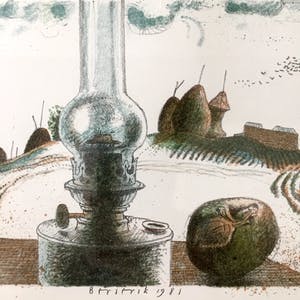 Herman Berserik - Olielamp met fruit - Lithografie, Ingelijst kopen? Bied vanaf 109!