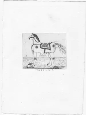 Herman Berserik - handgesigneerd ets | 'Hobbelpaard met schip aan de horiz' | 1987 (KLEINE OPLAGE) kopen? Bied vanaf 100!