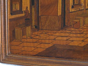 Curiosa - Houtsnijwerk / mozaïek , Stadsgezicht – ingelijst - oud kopen? Bied vanaf 1!