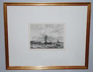 Adolf Carel Nunnink - een beurtschip loopt een haven binnen - Litho naar A. Waldorp - fraaie lijst kopen? Bied vanaf 65!