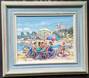 Jos Leurs - Terras aan Spaanse Kust. Zeer kleurrijk. verkocht voor € 425!