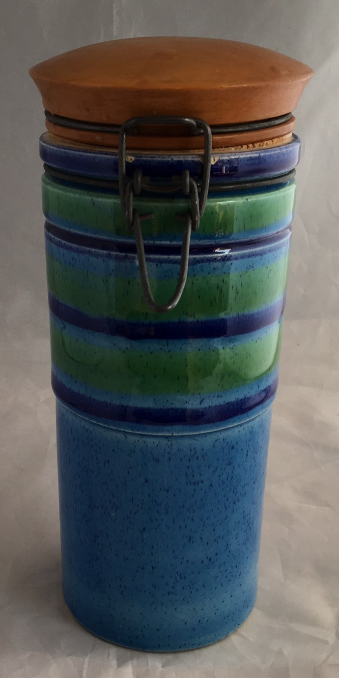 Niet of onleesbaar gesigneerd - Baldelli - Vintage blauw aardewerken voorraadpot met teakhouten deksel kopen? Bied vanaf 1!