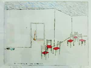 Pieter Holstein - STOELEN / ZW-W ETS + AQUAREL / 52x68cm / KADER / SIG verkocht voor € 145!