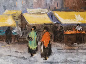 Cornelis de Bruin - ca. 1920 - sfeervolle pastel "Winters Amsterdam Nieuwmarkt" gesigneerd kaufen? Bieten Sie von 58!