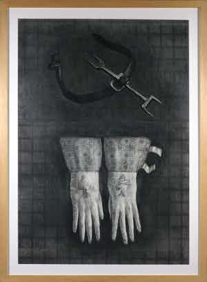 Marc Vercouteren - Houtskool, Compositie met handschoenen en kettervork - Ingelijst verkocht voor € 1!