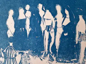 Wim Motz - Jaren 60 - bijzondere blauwe unica linosnede - Nonnen en badgasten - gesigneerd kopen? Bied vanaf 47!