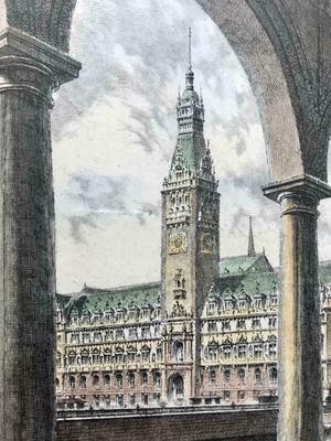 Albrecht Bruck - Hamburg- (oude) stadhuis- ingelijst; in hand- en druk gesigneerd. kopen? Bied vanaf 35!