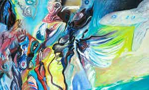 Rachid Ben Ali - Acryl op doek, Z.T. Figuren met vliegtuig verkocht voor € 300!