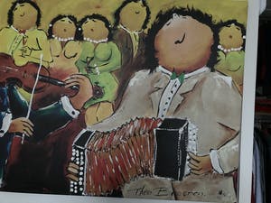 Theo Broeren - Glicée met acryl op doek ‘Muziek spelen’ (ZEER GROOT) kopen? Bied vanaf 90!