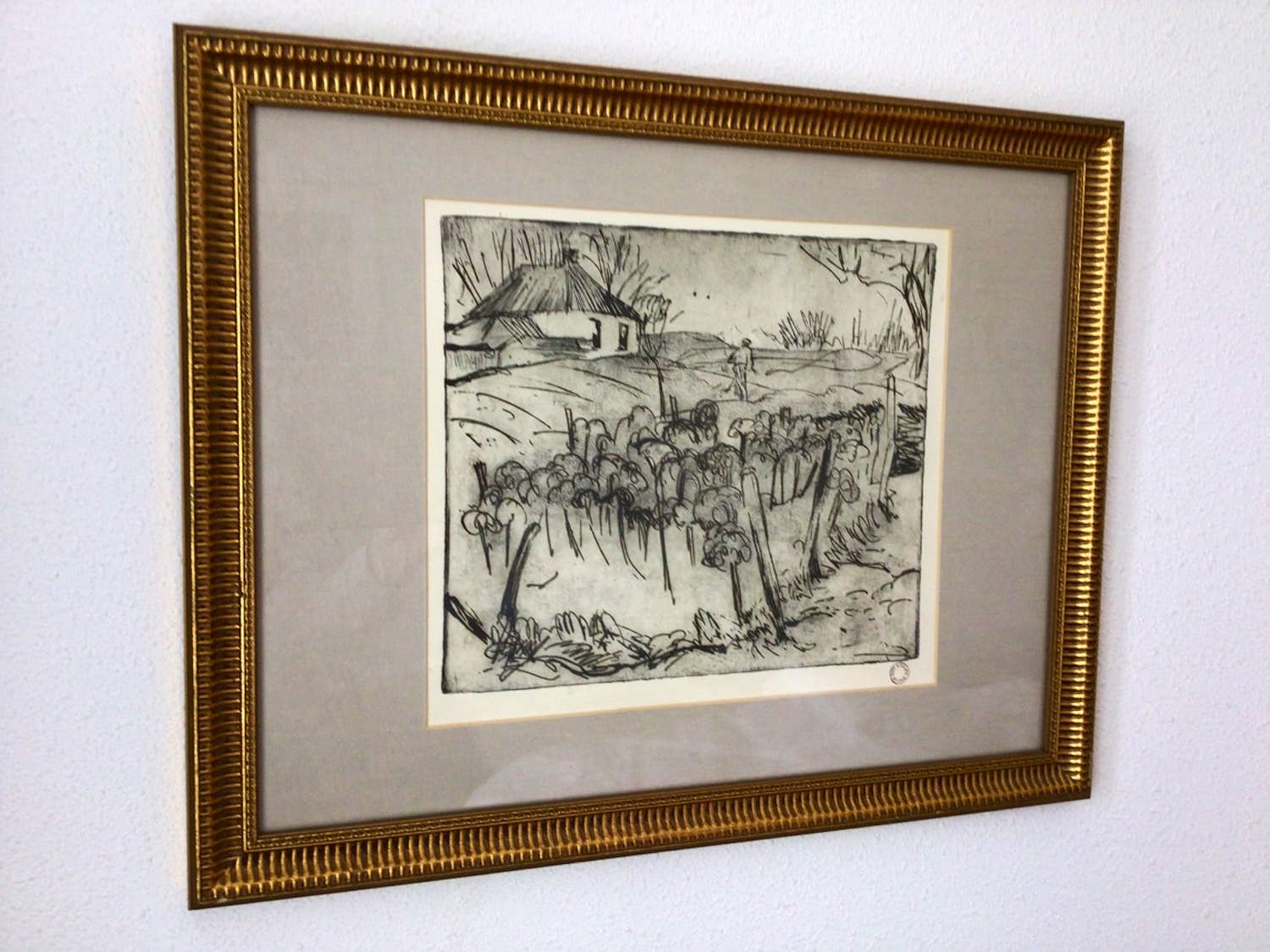 Jan Altink - Ets "Boer werkend in de tuin" - Perfect ingelijst - Atelierstempel - De Ploeg verkocht voor € 150!