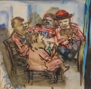 Herbert Fiedler - Herbert Fiedler - Ingelijste aquarel op papier: Kaartend gezelschap verkocht voor € 250!
