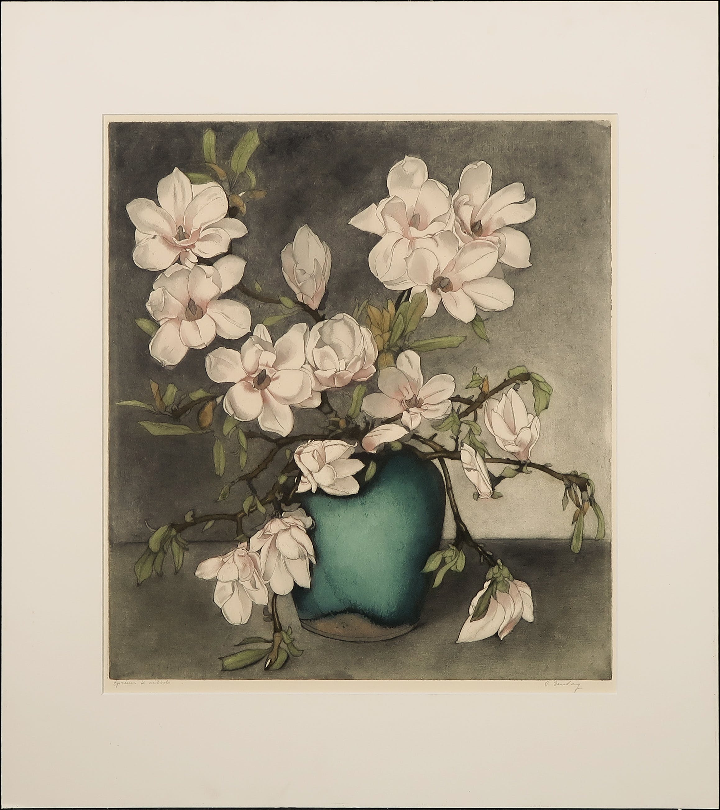 Frans Everbag - Ets en aquatint, Magnolia's in groene gemberpot kopen? Bied vanaf 70!