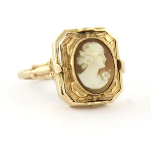 14k geelgouden ring met middenstuk om klap baar bezet met camee en onyx kopen? Bied vanaf 320!
