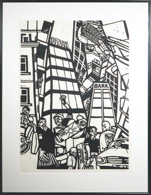 Jurriaan Rexwinkel - Linosnede, Dutch Bank - Ingelijst (Groot) kopen? Bied vanaf 35!