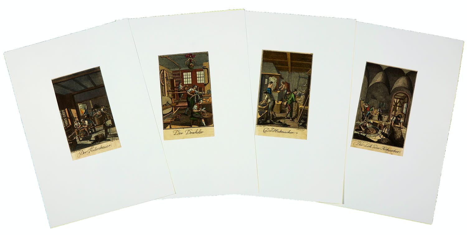Ambrosius Gabler - Lot van vier handgekleurde kopergravures, Ambachten verkocht voor € 50!